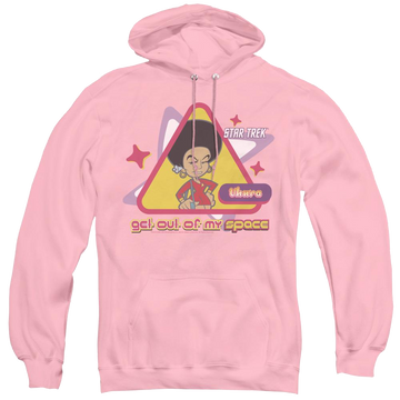 Pink pullover hoodie with Star Trek The Original Series Out Of My Space graphic