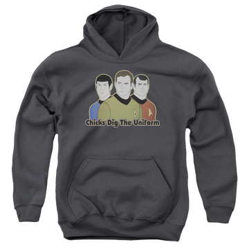 Charcoal youth hoodie for ages 8 to 12 with Star Trek The Animated Series Dig It graphic