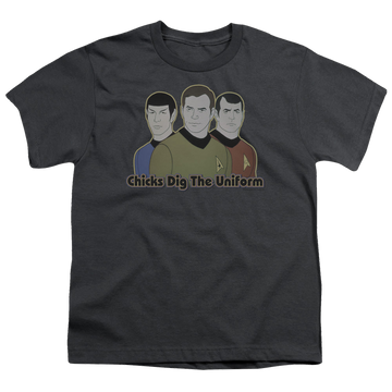 Charcoal youth t-shirt for ages 8 to 12 with Star Trek The Animated Series Dig It graphic