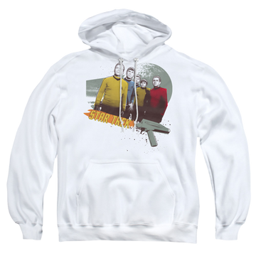 White pullover hoodie with Star Trek Strange New Worlds graphic