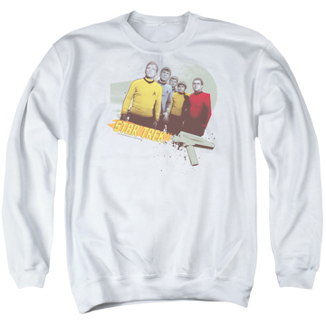White men's crewneck sweatshirt with Star Trek Strange New Worlds graphic