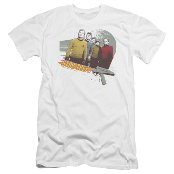 White men's premium slim fit t-shirt with Star Trek Strange New Worlds graphic