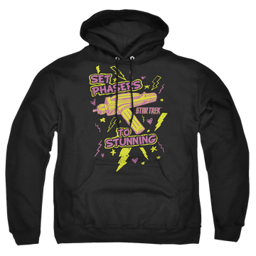 Black pullover hoodie with Star Trek Set Phasers graphic