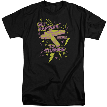 Black men's tall fit t-shirt with Star Trek Set Phasers graphic