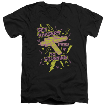 Black men's v-neck t-shirt with Star Trek Set Phasers graphic