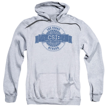 Athletic heather pullover hoodie with CSI Vegas Badge graphic