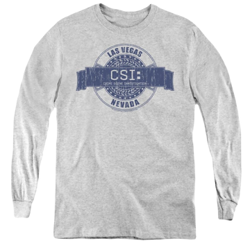 Athletic heather youth long sleeve t-shirt with CSI Vegas Badge graphic