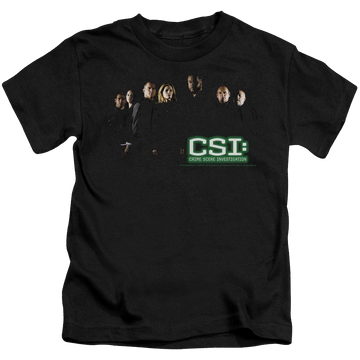 Black kid's t-shirt for ages 4 to 7 with CSI Shadow Cast graphic