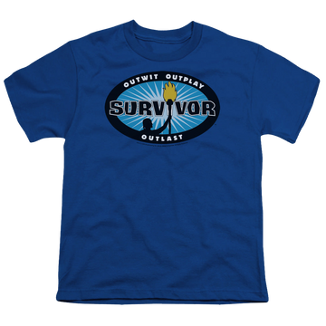 Royal youth t-shirt for ages 8 to 12 with Survivor Blue Burst graphic