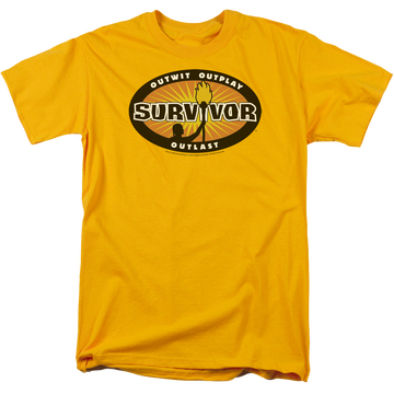 Gold men's regular fit t-shirt with Survivor Gold Burst graphic