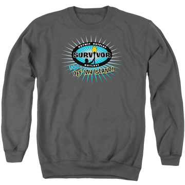 Charcoal men's crewneck sweatshirt with Survivor Off My Island graphic