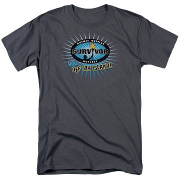 Charcoal men's regular fit t-shirt with Survivor Off My Island graphic