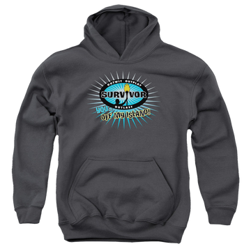 Charcoal youth hoodie for ages 8 to 12 with Survivor Off My Island graphic