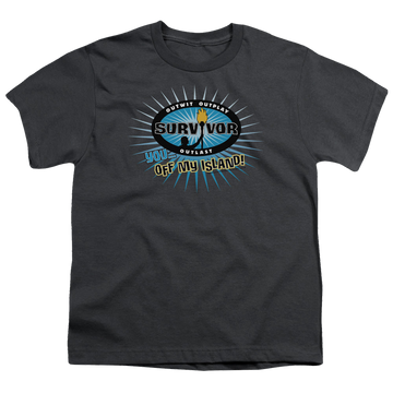 Charcoal youth t-shirt for ages 8 to 12 with Survivor Off My Island graphic