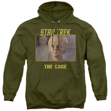 Military green pullover hoodie with Star Trek The Original Series The Cage graphic