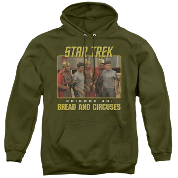 Military green pullover hoodie with Star Trek The Original Series Episode 43 graphic