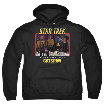 Black pullover hoodie with Star Trek Original Cat's Paw graphic