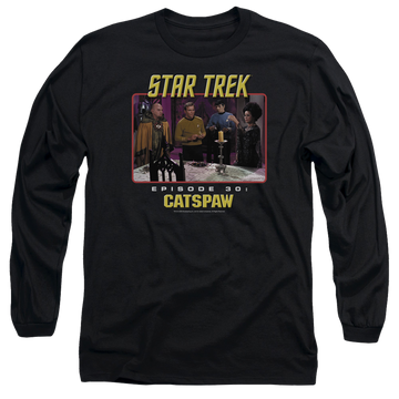 Black men's long sleeve t-shirt with Star Trek Original Cats Paw graphic