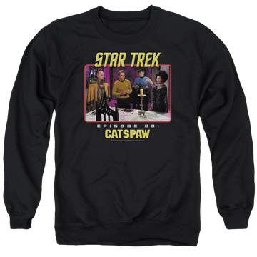 Black men's crewneck sweatshirt with Star Trek Original Cat's Paw graphic