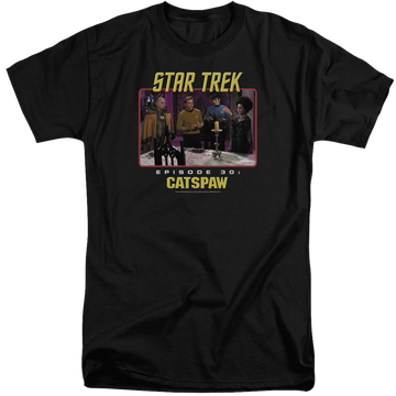 Black men's tall fit t-shirt with Star Trek Original Cats Paw graphic