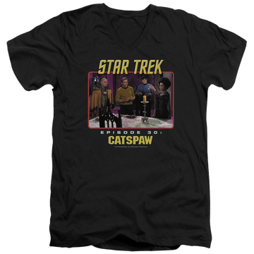 Black men's v-neck t-shirt with Star Trek Original Cats Paw graphic
