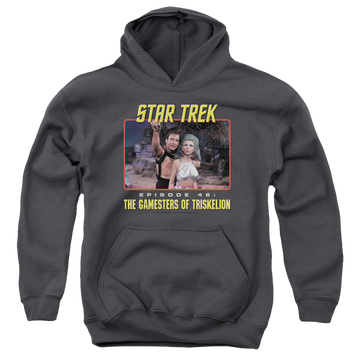 Charcoal youth hoodie for ages 8 to 12 with Star Trek The Original Series Episode 46 graphic