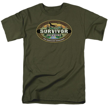 Military green men's regular fit t-shirt with Survivor Tocantins Logo graphic