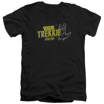 Black men's v-neck t-shirt with Star Trek Trekkie graphic