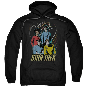 Black pullover hoodie with Star Trek Warp Factor 4 graphic