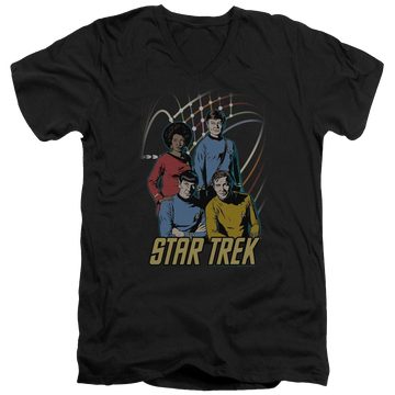 Black men's v-neck t-shirt with Star Trek Warp Factor 4 graphic