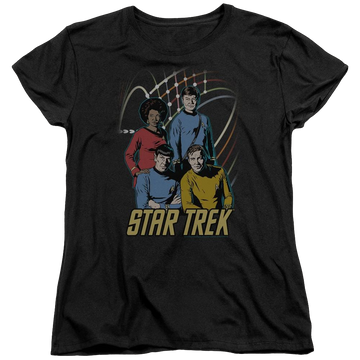 Black women's t-shirt with Star Trek Warp Factor 4 graphic