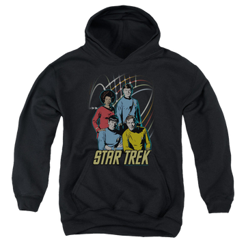 Black youth hoodie for ages 8 to 12 with Star Trek The Original Series Warp Factor 4 graphic