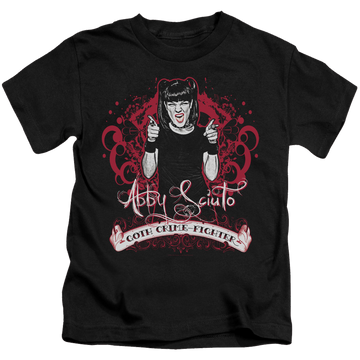 Black kid's t-shirt for ages 4 to 7 with NCIS Goth Crime Fighter graphic