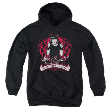 Black youth hoodie for ages 8 to 12 with NCIS Goth Crime Fighter graphic