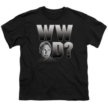 Black youth t-shirt for ages 8 to 12 with NCIS What Would Gibbs Do graphic