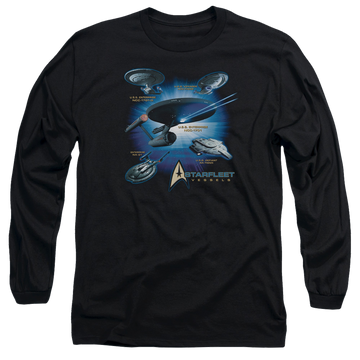 Black men's long sleeve t-shirt with Star Trek Starfleet Vessels graphic