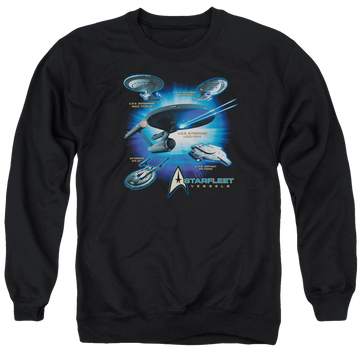 Black men's crewneck sweatshirt with Star Trek Starfleet Vessels graphic
