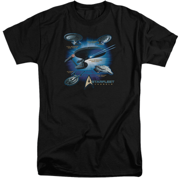 Black men's tall fit t-shirt with Star Trek Starfleet Vessels graphic