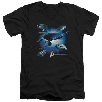 Black men's v-neck t-shirt with Star Trek Starfleet Vessels graphic