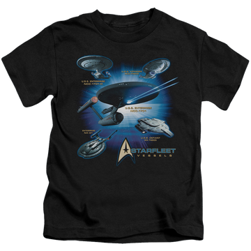 Black kid's t-shirt for ages 4 to 7 with Star Trek Starfleet Vessels graphic