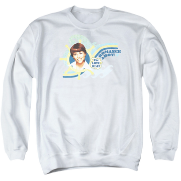 White men's crewneck sweatshirt with The Love Boat Romance Ahoy graphic