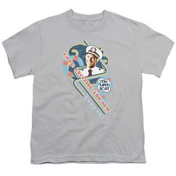 Silver youth t-shirt for ages 8 to 12 with The Love Boat Exciting And New graphic