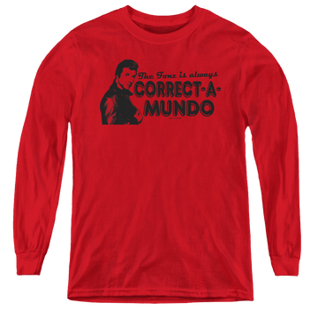 Red youth long sleeve t-shirt with Happy Days Correct A Mundo graphic