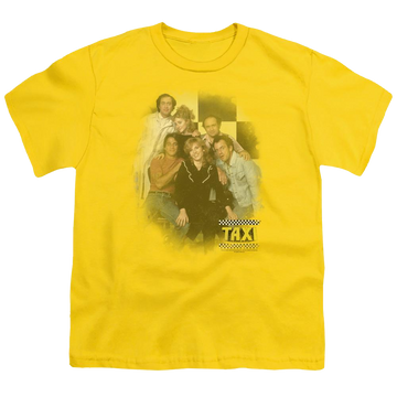Yellow youth t-shirt for ages 8 to 12 with Taxi SUNSHINE CAB graphic