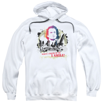 White pullover hoodie with Taxi Smiling Jim graphic
