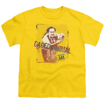 Yellow youth t-shirt for ages 8 to 12 with Taxi Caged Animal graphic
