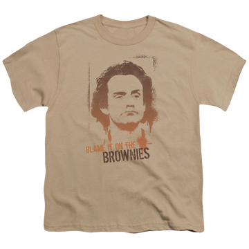 Sand youth t-shirt for ages 8 to 12 with Taxi Blame It On The Brownies graphic