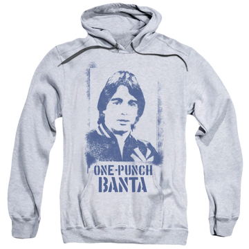 Athletic heather pullover hoodie with Taxi One Punch Banta graphic