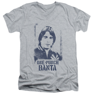 Athletic heather men's v-neck t-shirt with Taxi One Punch Banta graphic