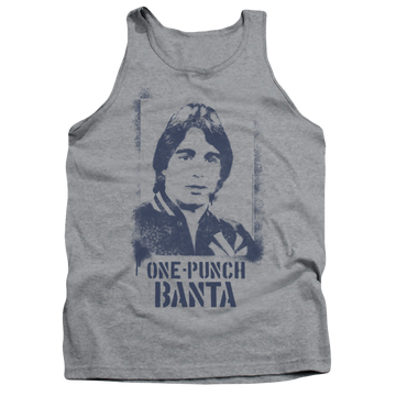 Athletic heather men's tank with Taxi One Punch Banta graphic
